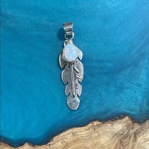 Silver Feather Pendant with Opal